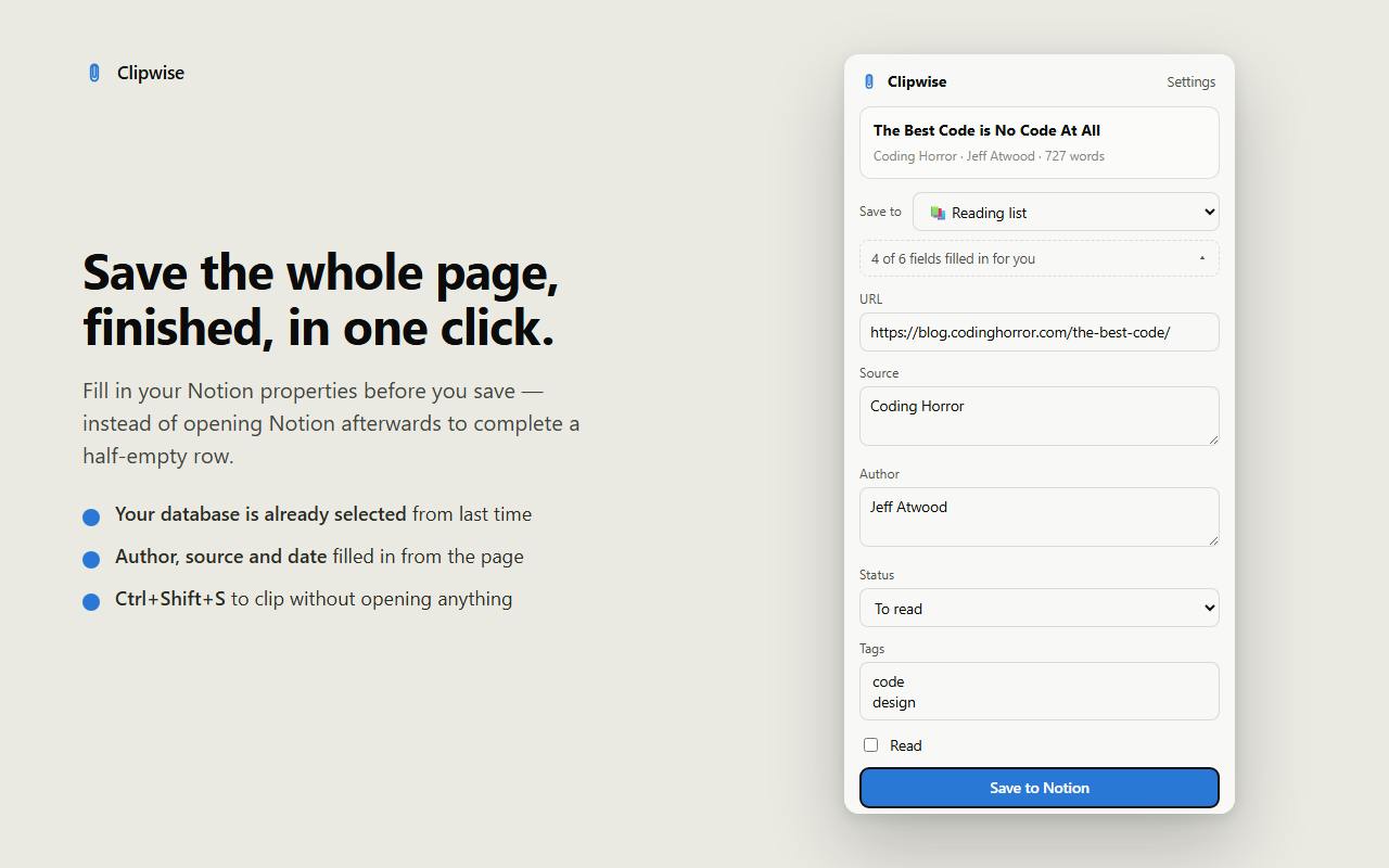 Clipwise：一键将任意网页保存到 Notion