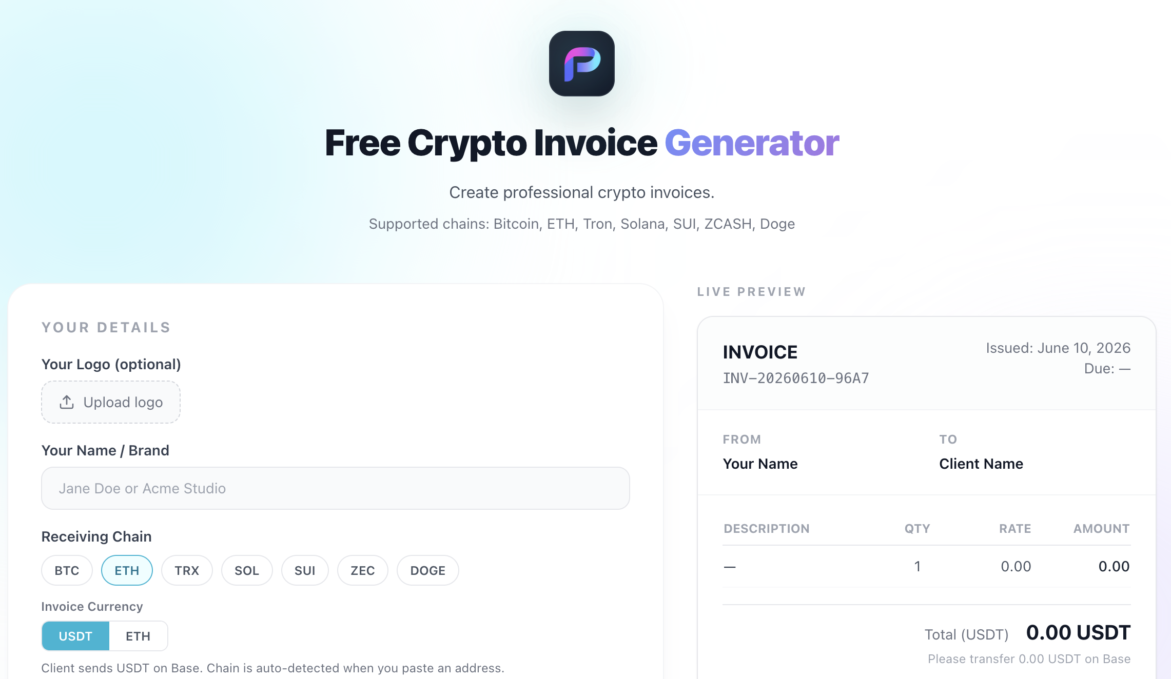 Palindrome Pay Crypto Invoice Generator